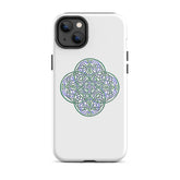 An iPhone 14 Plus in a Xigfireon glossy white tough phone case featuring the Living Colour iteration of the Reach Of The Spirit Celtic knot design. The Reach Of The Spirit Celtic knot design is an Earth symbol.