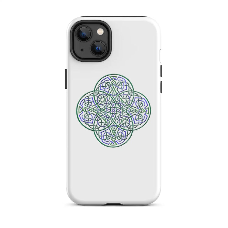 An iPhone 14 Plus in a Xigfireon glossy white tough phone case featuring the Living Colour iteration of the Reach Of The Spirit Celtic knot design. The Reach Of The Spirit Celtic knot design is an Earth symbol.