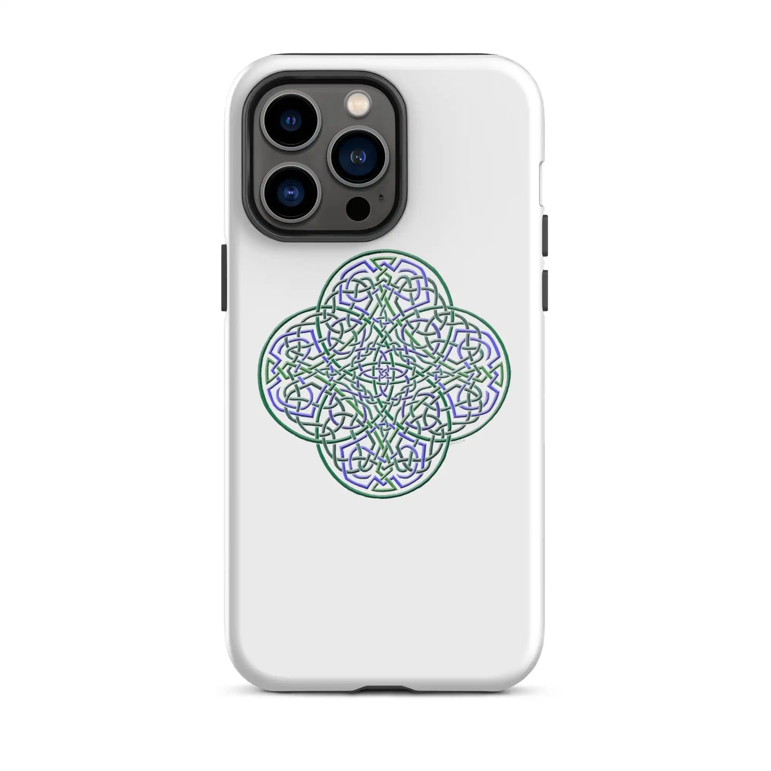 An iPhone 14 Pro Max in a Xigfireon glossy white tough phone case featuring the Living Colour iteration of the Reach Of The Spirit Celtic knot design. The Reach Of The Spirit Celtic knot design is an Earth symbol.