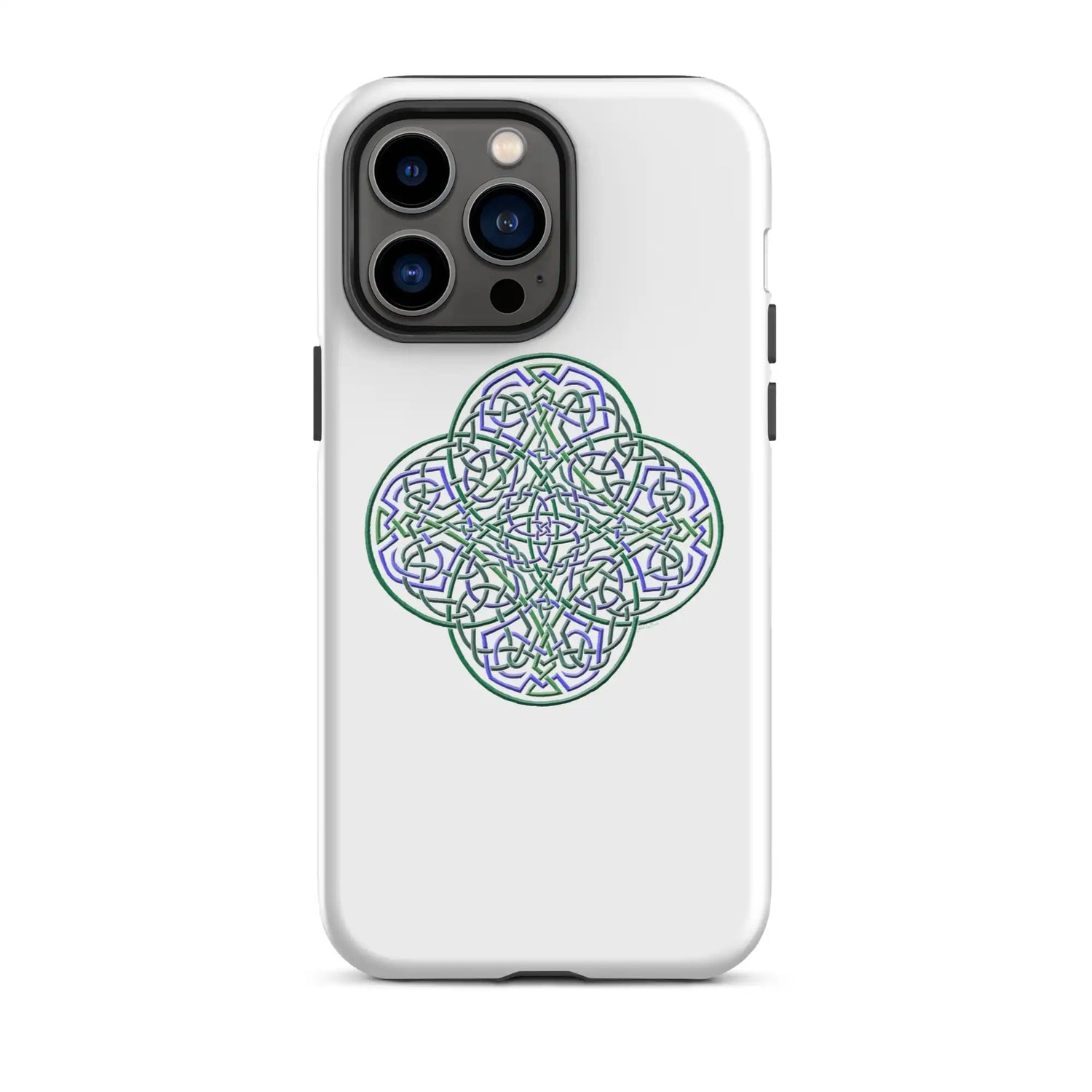 An iPhone 14 Pro Max in a Xigfireon matte white tough phone case featuring the Living Colour iteration of the Reach Of The Spirit Celtic knot design. The Reach Of The Spirit Celtic knot design is an Earth symbol.