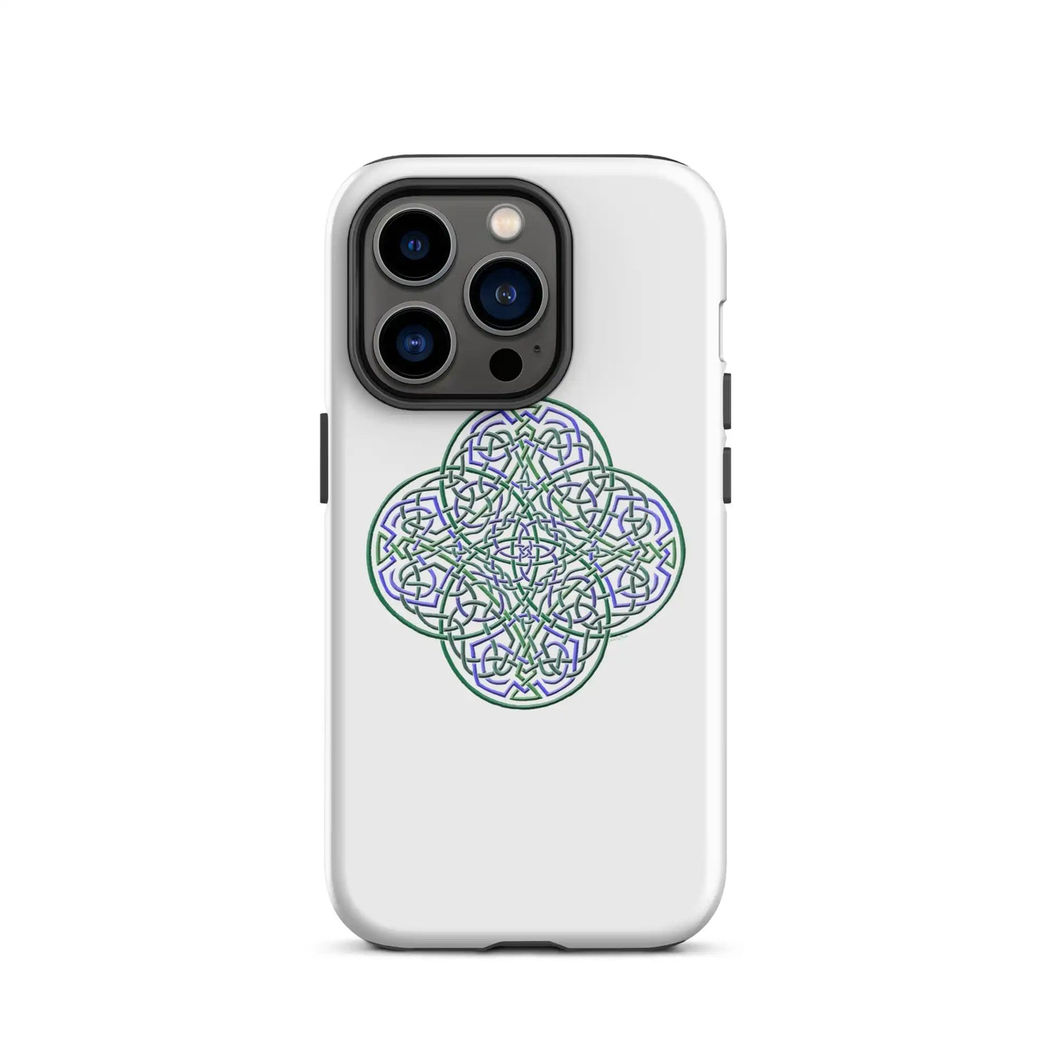 An iPhone 14 Pro in a Xigfireon glossy white tough phone case featuring the Living Colour iteration of the Reach Of The Spirit Celtic knot design. The Reach Of The Spirit Celtic knot design is an Earth symbol.