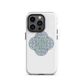 An iPhone 14 Pro in a Xigfireon glossy white tough phone case featuring the Living Colour iteration of the Reach Of The Spirit Celtic knot design. The Reach Of The Spirit Celtic knot design is an Earth symbol.
