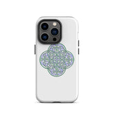 An iPhone 14 Pro in a Xigfireon matte white tough phone case featuring the Living Colour iteration of the Reach Of The Spirit Celtic knot design. The Reach Of The Spirit Celtic knot design is an Earth symbol.