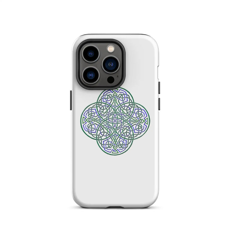 An iPhone 14 Pro in a Xigfireon matte white tough phone case featuring the Living Colour iteration of the Reach Of The Spirit Celtic knot design. The Reach Of The Spirit Celtic knot design is an Earth symbol.