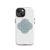 An iPhone 14 in a Xigfireon glossy white tough phone case featuring the Living Colour iteration of the Reach Of The Spirit Celtic knot design. The Reach Of The Spirit Celtic knot design is an Earth symbol.