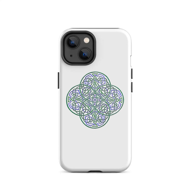 An iPhone 14 in a Xigfireon glossy white tough phone case featuring the Living Colour iteration of the Reach Of The Spirit Celtic knot design. The Reach Of The Spirit Celtic knot design is an Earth symbol.