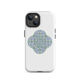 An iPhone 14 in a Xigfireon matte white tough phone case featuring the Living Colour iteration of the Reach Of The Spirit Celtic knot design. The Reach Of The Spirit Celtic knot design is an Earth symbol.