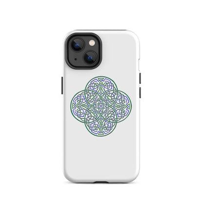 An iPhone 14 in a Xigfireon matte white tough phone case featuring the Living Colour iteration of the Reach Of The Spirit Celtic knot design. The Reach Of The Spirit Celtic knot design is an Earth symbol.