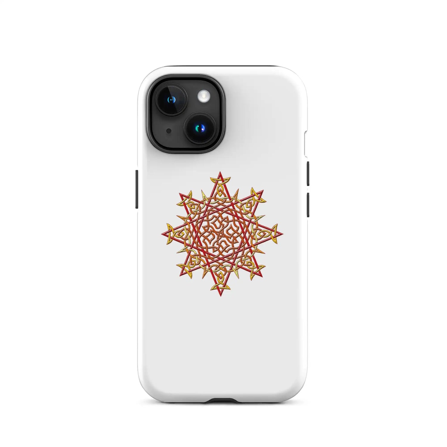 An iPhone 15 in a Xigfireon glossy white tough phone case featuring the Fire Colour iteration of the Morning Star Fire Celtic knot design. The Morning Star Fire Celtic knot represents the Sun.