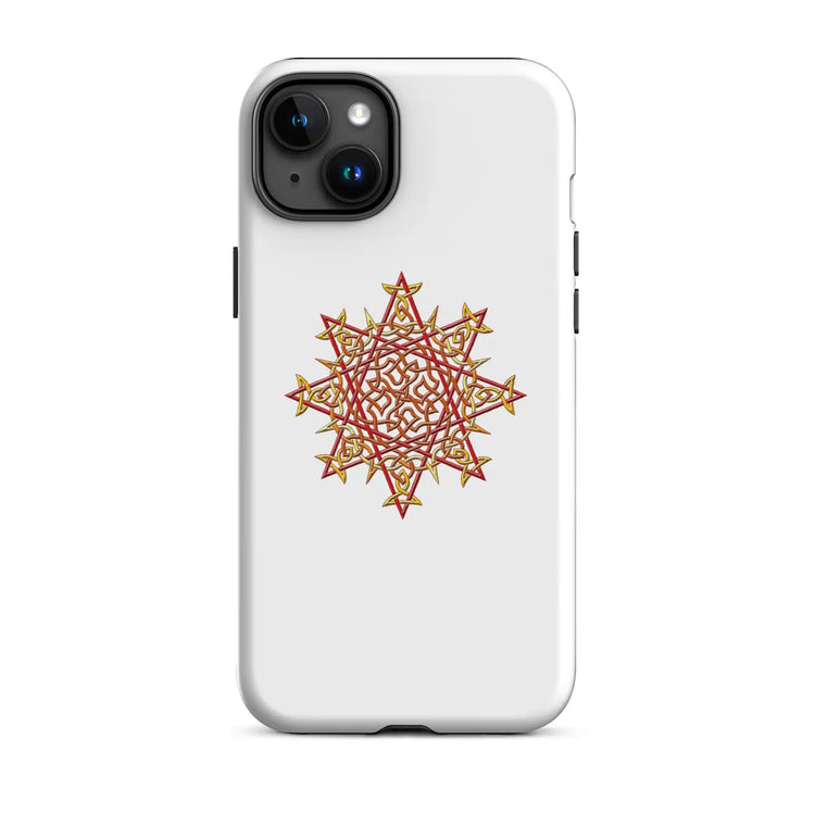 An iPhone 15 Plus in a Xigfireon matte white tough phone case featuring the Fire Colour iteration of the Morning Star Fire Celtic knot design. The Morning Star Fire Celtic knot represents the Sun.