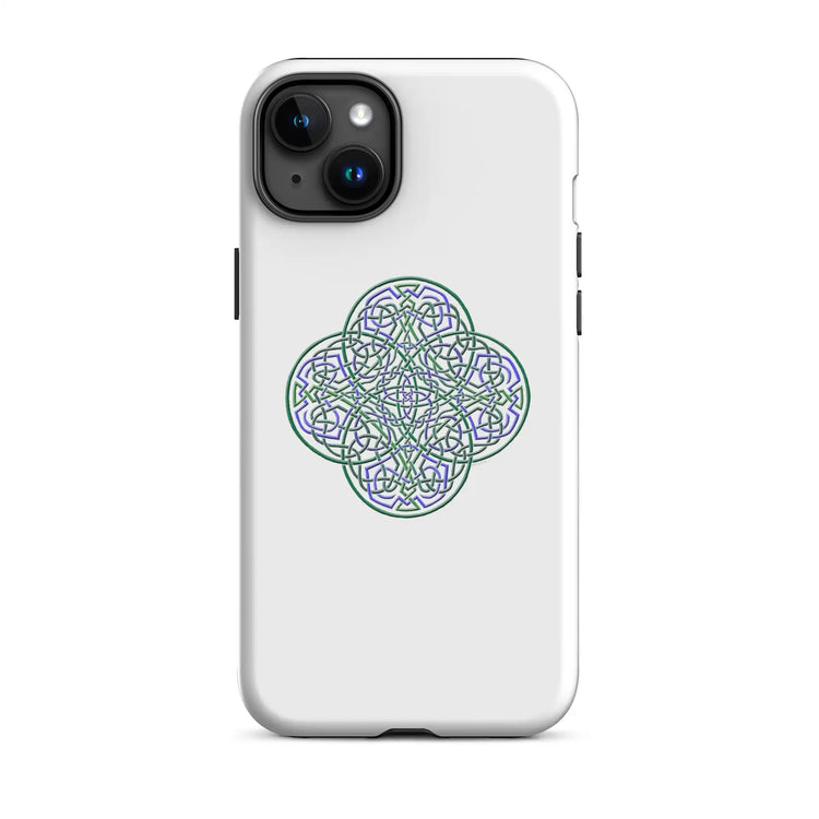 An iPhone 15 Plus in a Xigfireon glossy white tough phone case featuring the Living Colour iteration of the Reach Of The Spirit Celtic knot design. The Reach Of The Spirit Celtic knot represents the Earth.