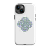 An iPhone 15 Plus in a Xigfireon matte white tough phone case featuring the Living Colour iteration of the Reach Of The Spirit Celtic knot design. The Reach Of The Spirit Celtic knot represents the Earth.