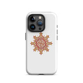 An iPhone 15 Pro in a Xigfireon glossy white tough phone case featuring the Fire Colour iteration of the Morning Star Fire Celtic knot design. The Morning Star Fire Celtic knot represents the Sun.