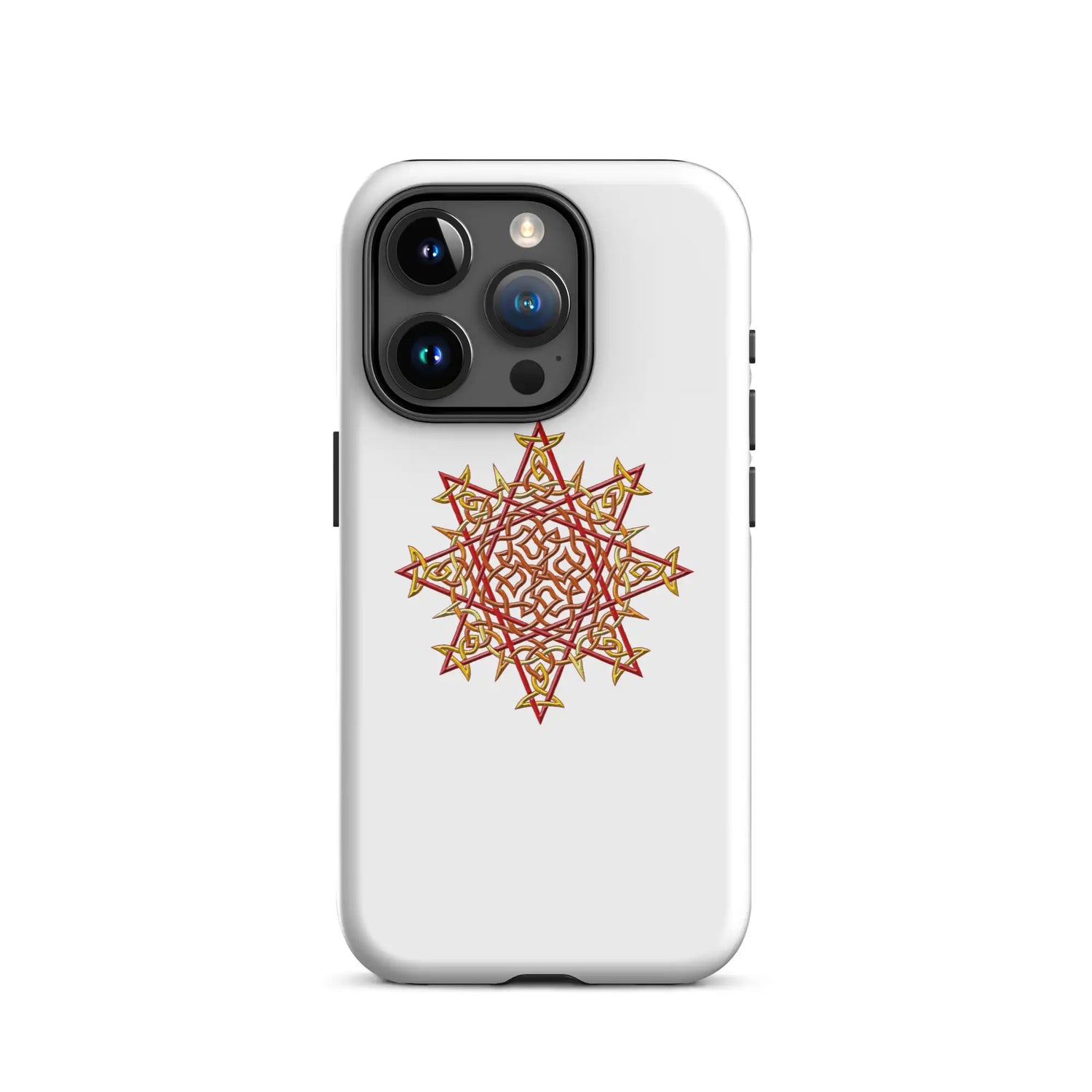 An iPhone 15 Pro in a Xigfireon matte white tough phone case featuring the Fire Colour iteration of the Morning Star Fire Celtic knot design. The Morning Star Fire Celtic knot represents the Sun.