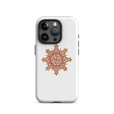 An iPhone 15 Pro in a Xigfireon matte white tough phone case featuring the Fire Colour iteration of the Morning Star Fire Celtic knot design. The Morning Star Fire Celtic knot represents the Sun.