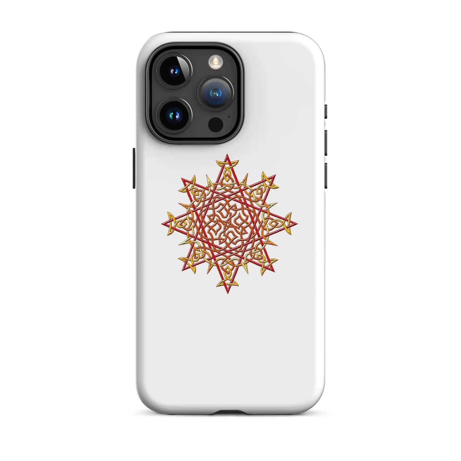 An iPhone 15 Pro Max in a Xigfireon matte white tough phone case featuring the Fire Colour iteration of the Morning Star Fire Celtic knot design. The Morning Star Fire Celtic knot represents the Sun.
