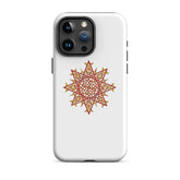An iPhone 15 Pro Max in a Xigfireon matte white tough phone case featuring the Fire Colour iteration of the Morning Star Fire Celtic knot design. The Morning Star Fire Celtic knot represents the Sun.