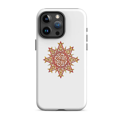 An iPhone 15 Pro Max in a Xigfireon matte white tough phone case featuring the Fire Colour iteration of the Morning Star Fire Celtic knot design. The Morning Star Fire Celtic knot represents the Sun.