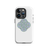 An iPhone 15 Pro in a Xigfireon glossy white tough phone case featuring the Living Colour iteration of the Reach Of The Spirit Celtic knot design. The Reach Of The Spirit Celtic knot represents the Earth.