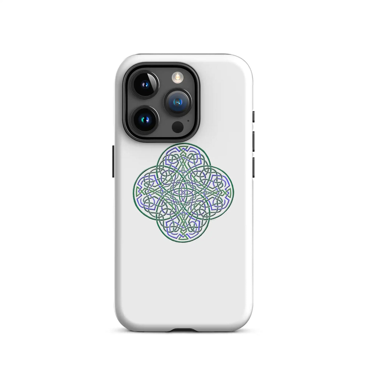 An iPhone 15 Pro in a Xigfireon glossy white tough phone case featuring the Living Colour iteration of the Reach Of The Spirit Celtic knot design. The Reach Of The Spirit Celtic knot represents the Earth.