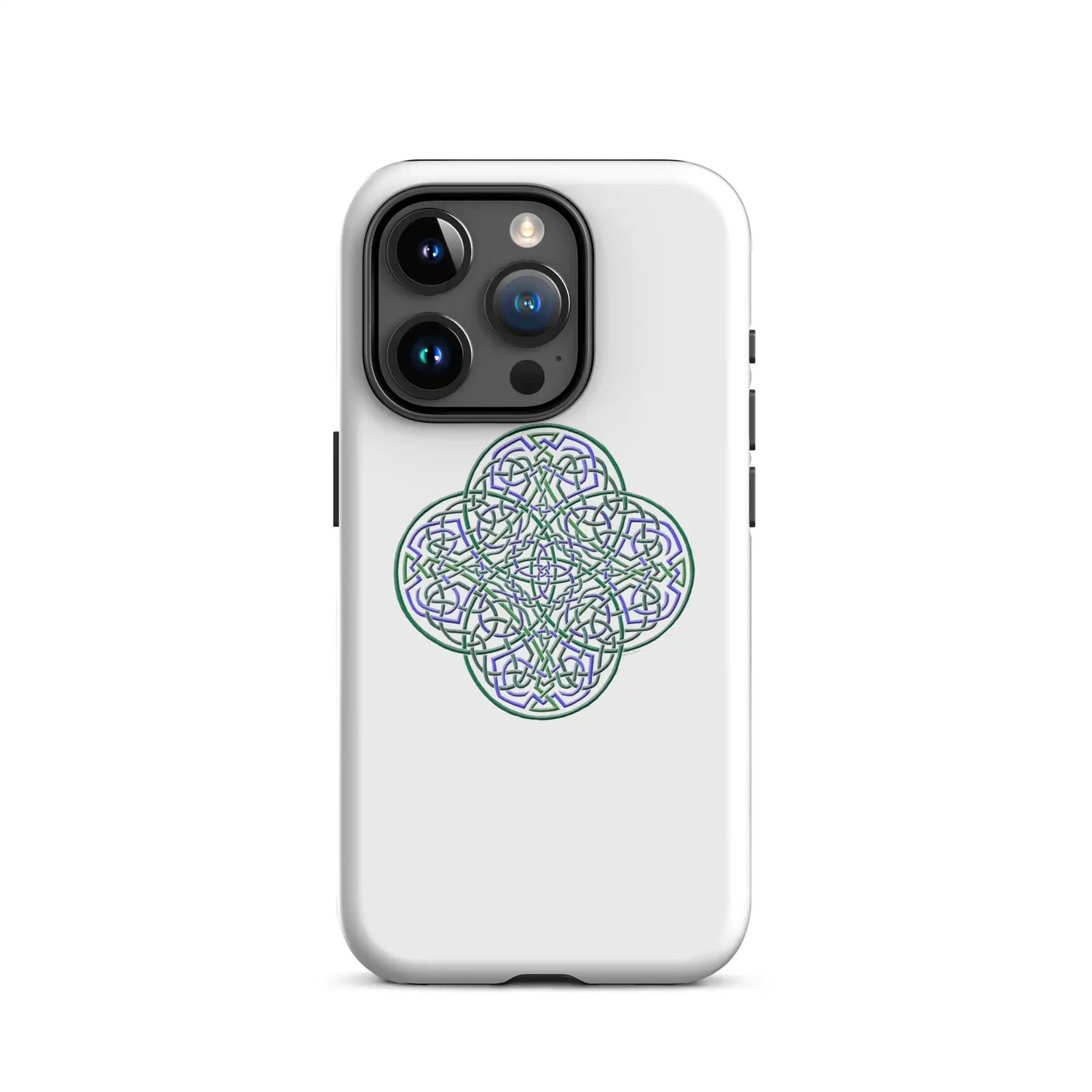 An iPhone 15 Pro in a Xigfireon matte white tough phone case featuring the Living Colour iteration of the Reach Of The Spirit Celtic knot design. The Reach Of The Spirit Celtic knot represents the Earth.