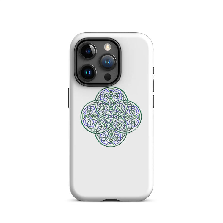 An iPhone 15 Pro in a Xigfireon matte white tough phone case featuring the Living Colour iteration of the Reach Of The Spirit Celtic knot design. The Reach Of The Spirit Celtic knot represents the Earth.