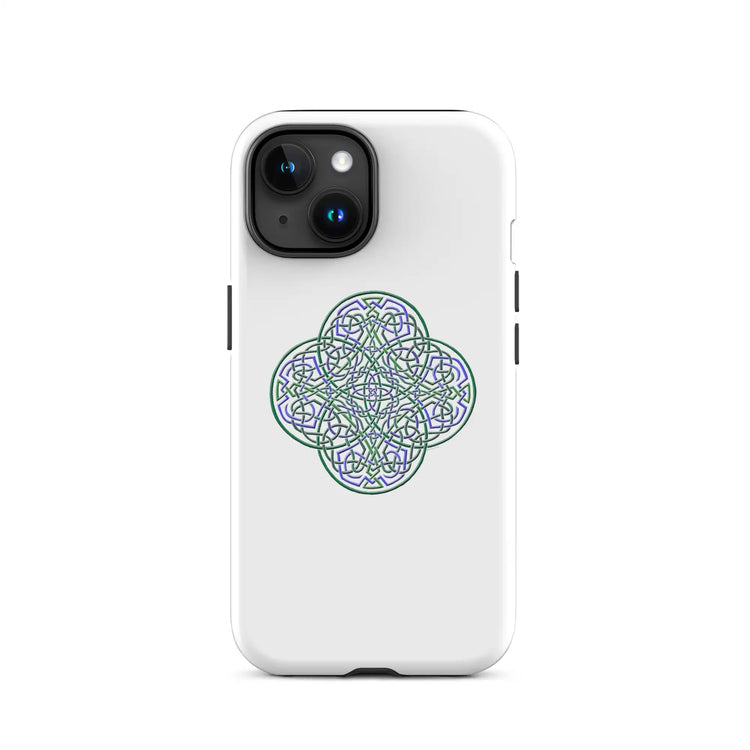 An iPhone 15 in a Xigfireon matte white tough phone case featuring the Living Colour iteration of the Reach Of The Spirit Celtic knot design. The Reach Of The Spirit Celtic knot represents the Earth.