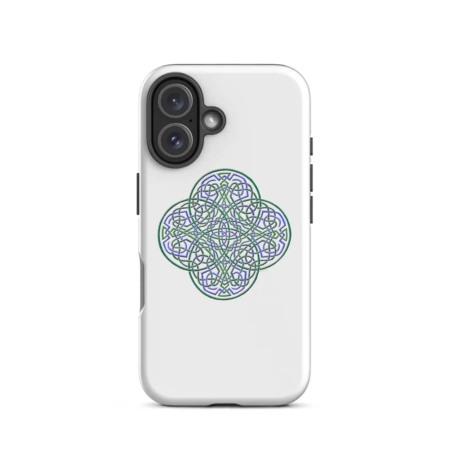 An iPhone 16 in a Xigfireon glossy white tough phone case featuring the Living Colour iteration of the Reach Of The Spirit Celtic knot design. The Reach Of The Spirit Celtic knot symbolizes Mother Earth.