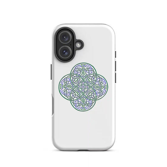 An iPhone 16 in a Xigfireon glossy white tough phone case featuring the Living Colour iteration of the Reach Of The Spirit Celtic knot design. The Reach Of The Spirit Celtic knot symbolizes Mother Earth.