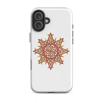 An iPhone 16 Plus in a Xigfireon glossy white tough phone case featuring the Fire Colour iteration of the Morning Star Fire Celtic knot design. The Morning Star Fire Celtic knot symbolizes the Sun.