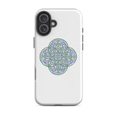An iPhone 16 Plus in a Xigfireon glossy white tough phone case featuring the Living Colour iteration of the Reach Of The Spirit Celtic knot design. The Reach Of The Spirit Celtic knot symbolizes Mother Earth.