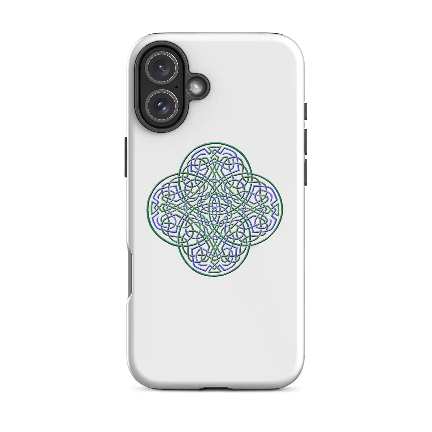 An iPhone 16 Plus in a Xigfireon matte white tough phone case featuring the Living Colour iteration of the Reach Of The Spirit Celtic knot design. The Reach Of The Spirit Celtic knot represents the Earth.