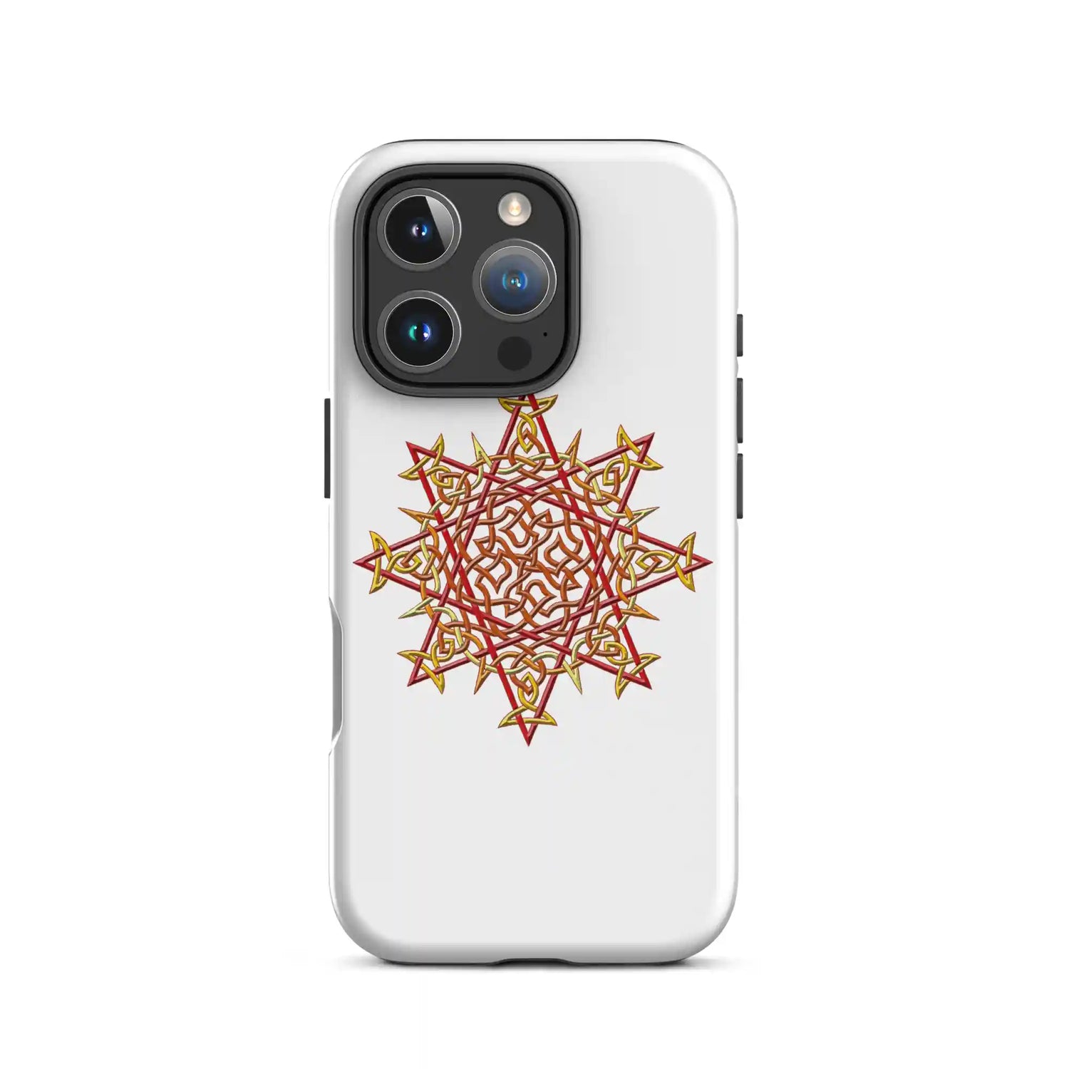 An iPhone 16 Pro in a Xigfireon glossy white tough phone case featuring the Fire Colour iteration of the Morning Star Fire Celtic knot design. The Morning Star Fire Celtic knot symbolizes the Sun.