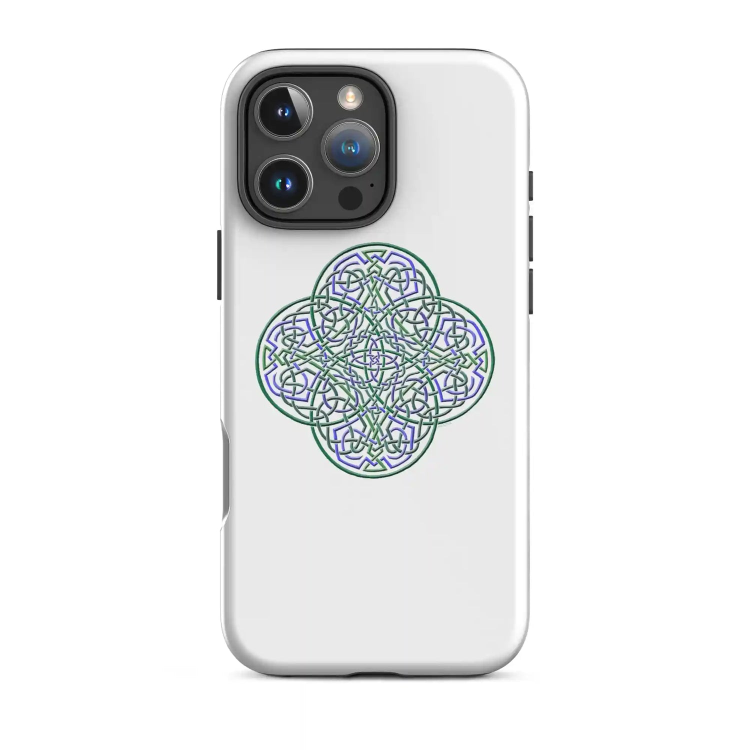 An iPhone 16 Pro Max in a Xigfireon glossy white tough phone case featuring the Living Colour iteration of the Reach Of The Spirit Celtic knot design. The Reach Of The Spirit Celtic knot symbolizes Mother Earth.