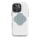 An iPhone 16 Pro Max in a Xigfireon matte white tough phone case featuring the Living Colour iteration of the Reach Of The Spirit Celtic knot design. The Reach Of The Spirit Celtic knot represents the Earth.