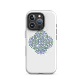 An iPhone 16 Pro in a Xigfireon glossy white tough phone case featuring the Living Colour iteration of the Reach Of The Spirit Celtic knot design. The Reach Of The Spirit Celtic knot symbolizes Mother Earth.