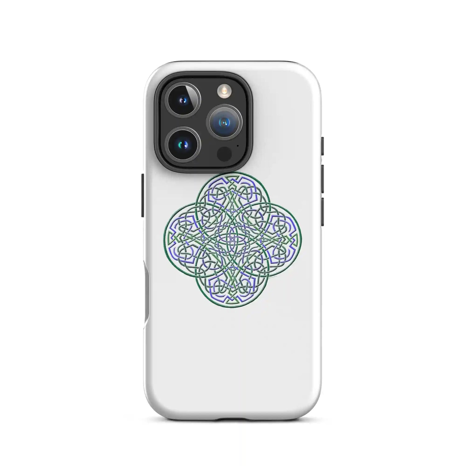 An iPhone 16 Pro in a Xigfireon matte white tough phone case featuring the Living Colour iteration of the Reach Of The Spirit Celtic knot design. The Reach Of The Spirit Celtic knot represents the Earth.
