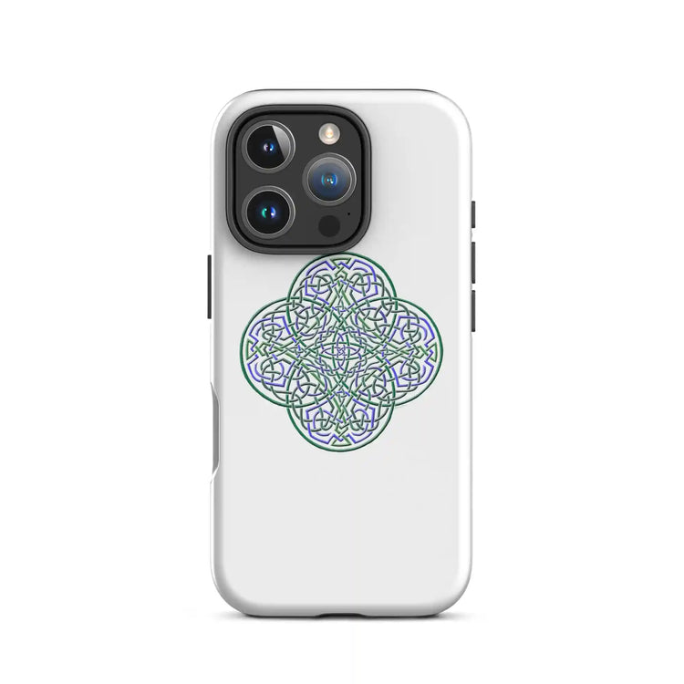 An iPhone 16 Pro in a Xigfireon matte white tough phone case featuring the Living Colour iteration of the Reach Of The Spirit Celtic knot design. The Reach Of The Spirit Celtic knot represents the Earth.