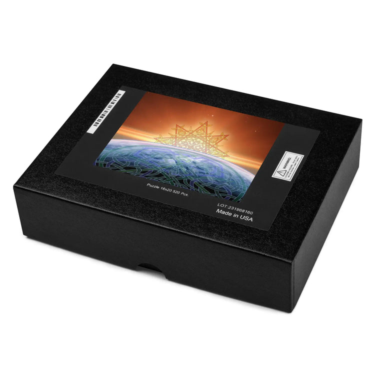 A boxed-up 520 piece jigsaw puzzle featuring the Derivation II Celtic knot merger design, which symbolizes the Sun and the Earth and their cosmic dance.