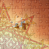 A close-up view of a 520 piece jigsaw puzzle featuring the Derivation II Celtic knot merger design, which symbolizes the Sun and the Earth and their cosmic dance.