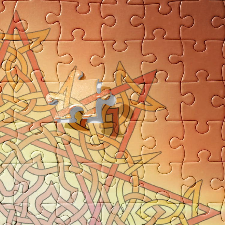 A close-up view of a 520 piece jigsaw puzzle featuring the Derivation II Celtic knot merger design, which symbolizes the Sun and the Earth and their cosmic dance.