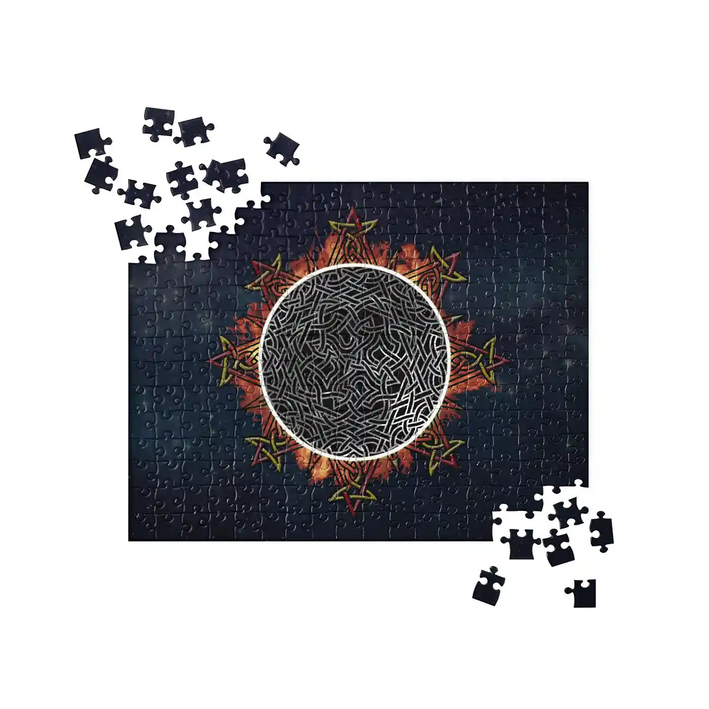 A 252 piece jigsaw puzzle featuring the Eclipsed iteration of the Morning Star Fire Celtic knot design. Inspired by the 2023 Annular Solar Eclipse.