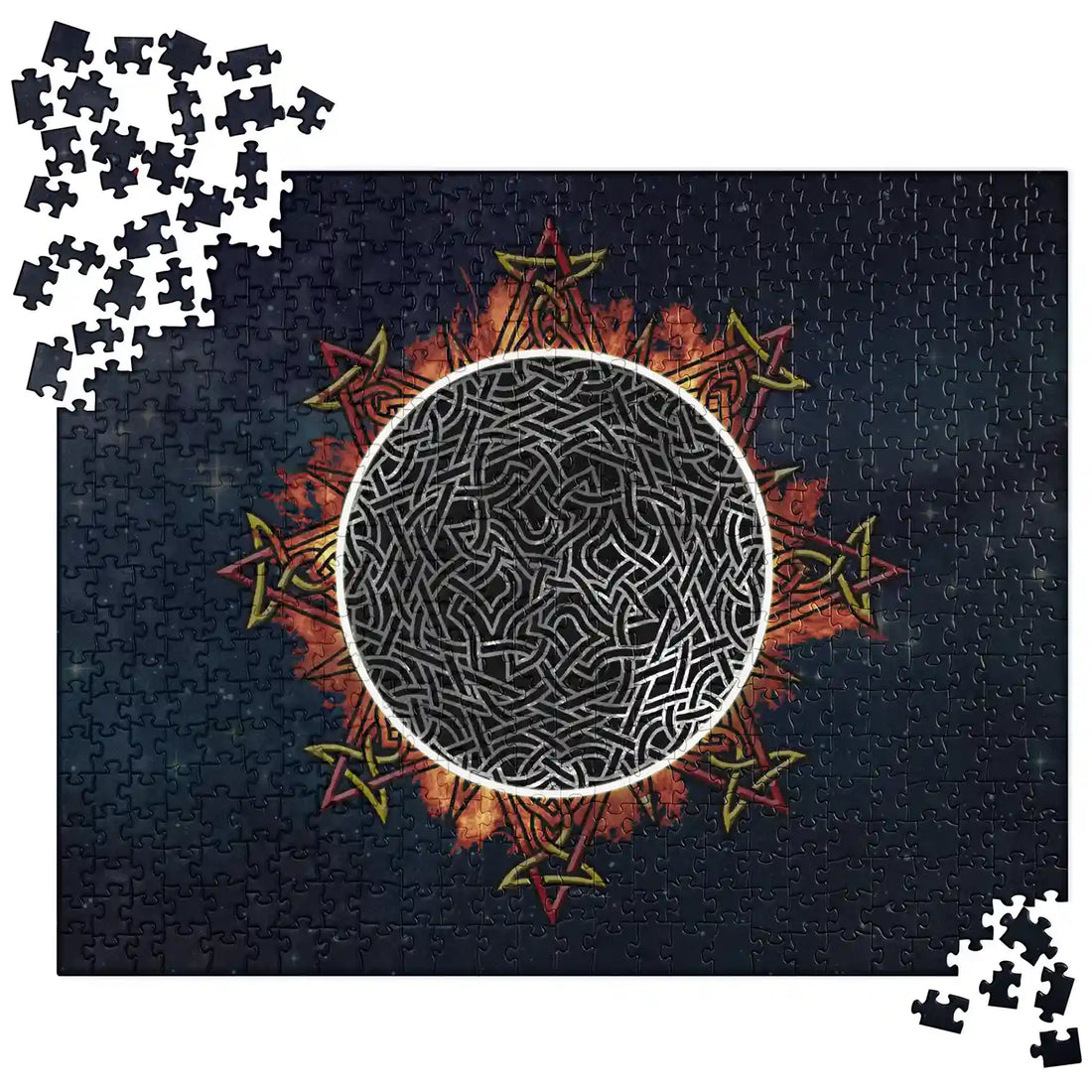 A 520 piece jigsaw puzzle featuring the Eclipsed iteration of the Morning Star Fire Celtic knot design. Inspired by the 2023 Annular Solar Eclipse.