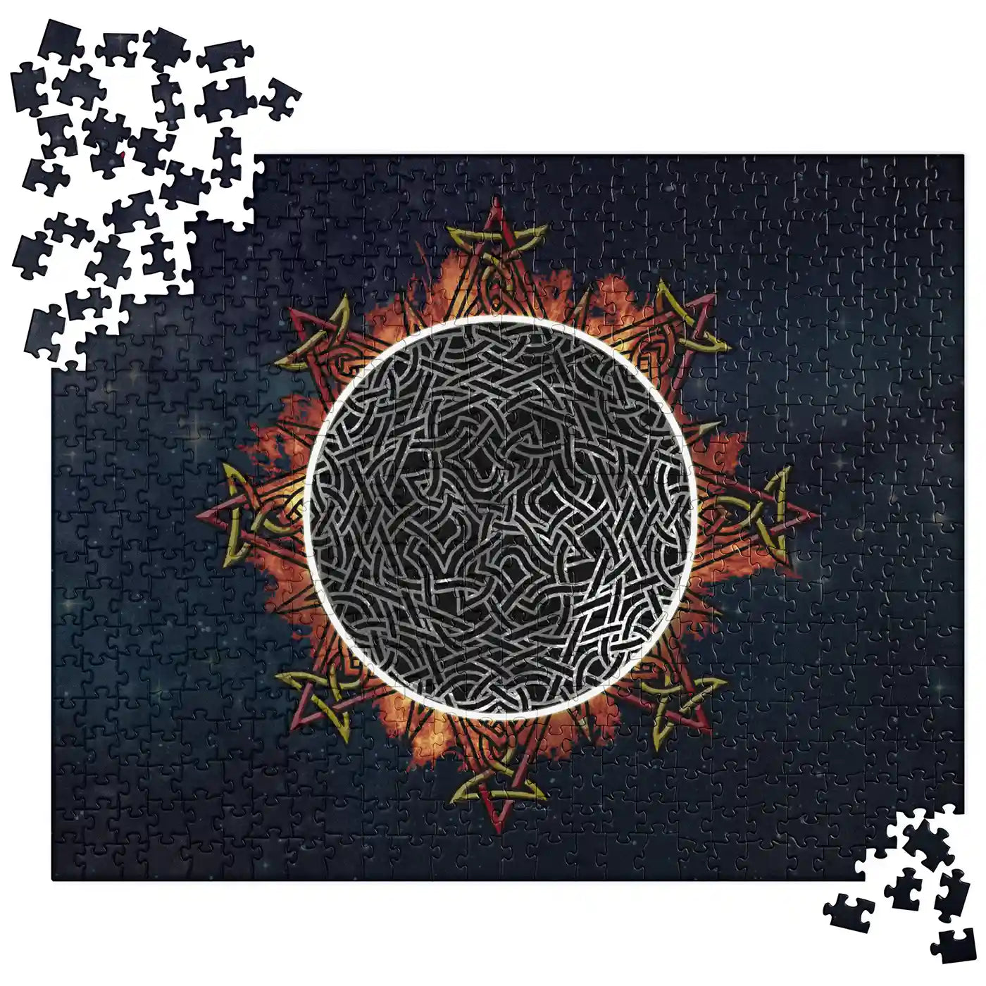 A 520 piece jigsaw puzzle featuring the Eclipsed iteration of the Morning Star Fire Celtic knot design. Inspired by the 2023 Annular Solar Eclipse.