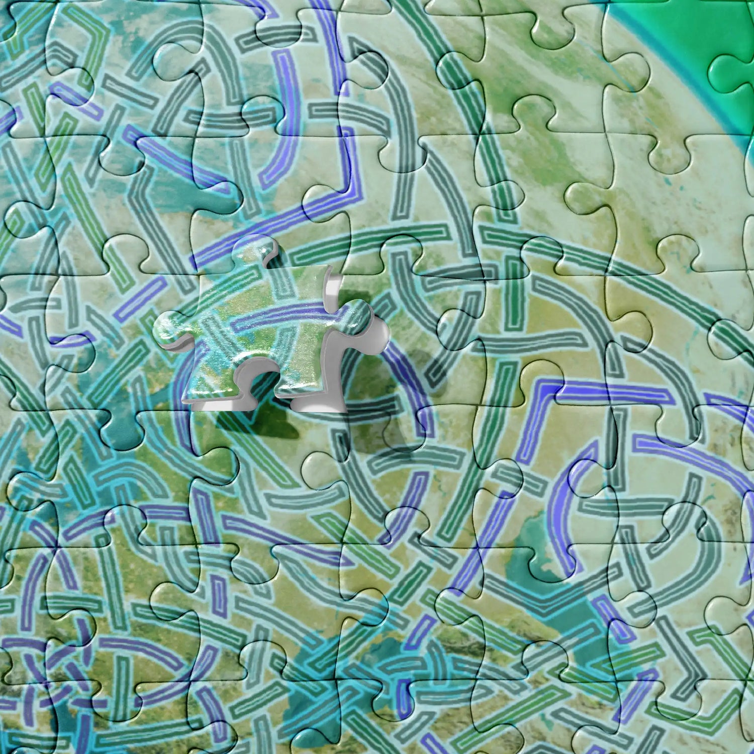 A close-up view of the 520 piece jigsaw puzzle featuring the Deep Forest iteration of the Reach Of The Spirit Celtic knot design. The Reach Of The Spirit Celtic knot represents Mother Earth.