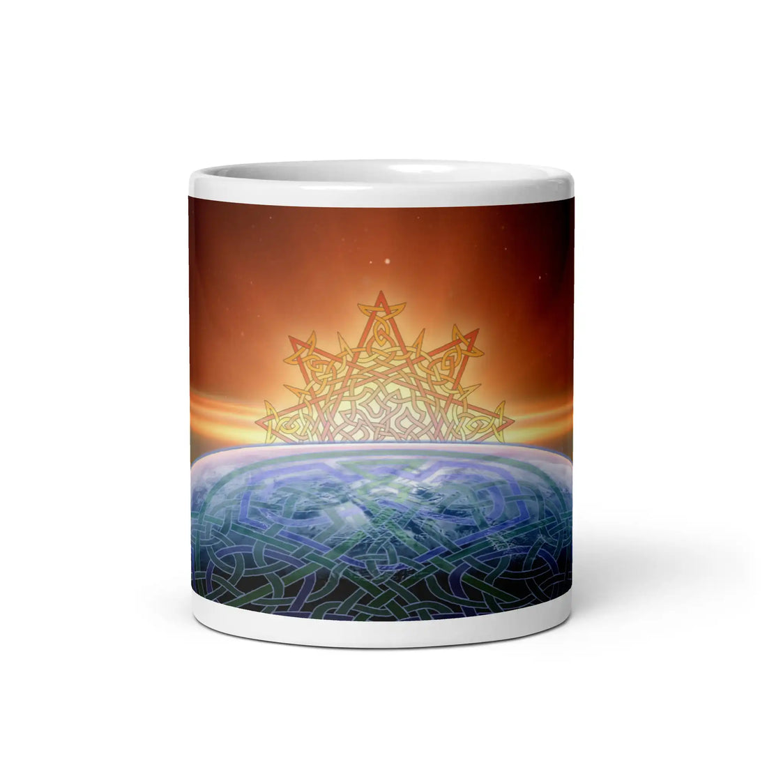 An 11oz Xigfireon white glossy graphic mug featuring the Derivation II Celtic knots merger design.