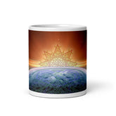 An 11oz Xigfireon white glossy graphic mug featuring the Derivation II Celtic knots merger design.