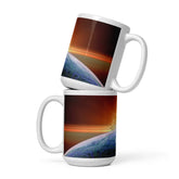 Two 15oz Xigfireon white glossy graphic mugs, stacked one on the other, each featuring the Derivation II Celtic knots merger design.