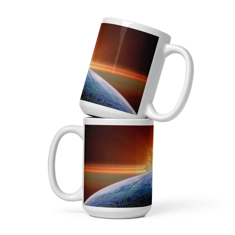 Two 15oz Xigfireon white glossy graphic mugs, stacked one on the other, each featuring the Derivation II Celtic knots merger design.