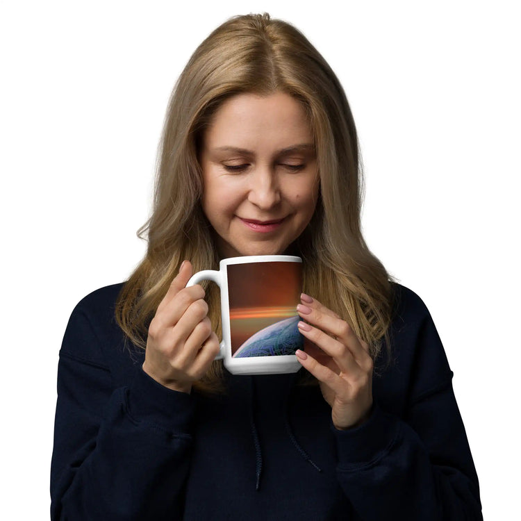 A woman holding a 15oz Xigfireon white glossy graphic mug featuring the Derivation II Celtic knots merger design.
